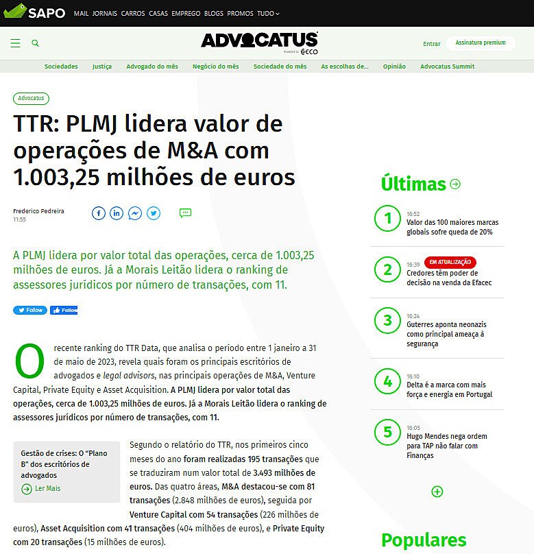 TTR: PLMJ lidera valor de operaes de M&A com 1.003,25 milhes de euros